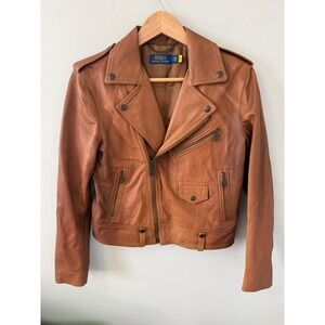 Polo Ralph Lauren Women Tan Brown Lambskin Leather Moto Biker Jacket Size 4